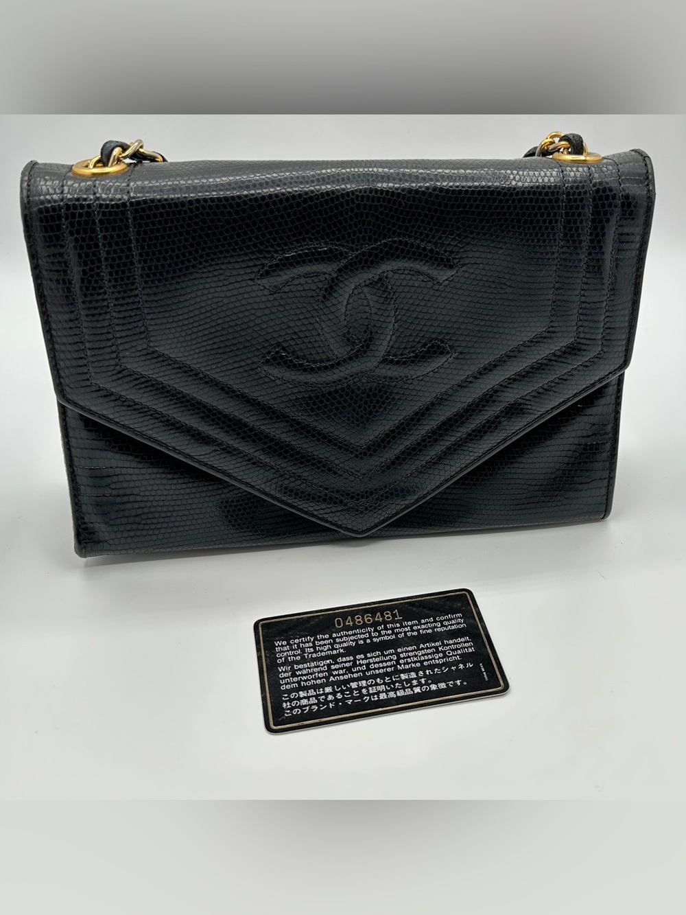 Chanel Vintage Rare Black Lizard Stitched CC Envelope Flap Bag 0-Series Set GHW